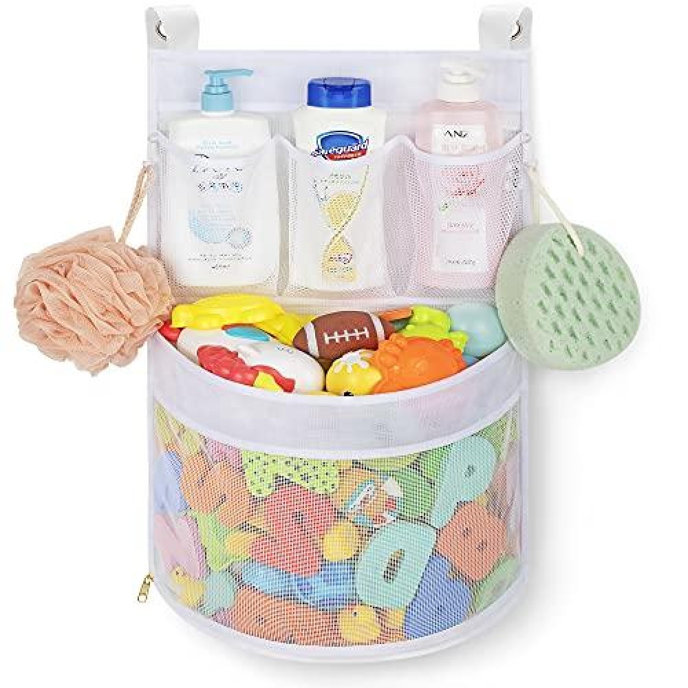 Baby Bath Toy Organizer, Quick Drying, And Mould Proof, Multiple-Suspension Bath Toy Holder, Large Capacity Multi Use Bathtub Toy Storage Bag(1 Large, White)