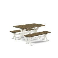 East West Furniture X2076 3 Piece Dining Table Set 1 Distressed Jacobean Breakfast Table and 2 Dining Bench Reliable and St