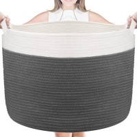 Large Cotton Rope Basket -Blanket Storage Basket, Woven Baby Laundry Basket With Built-In Handles For Blanket Storage, Nursery Basket Soft Storage Bins (White & Dark Grey, 22 X 22 X 14 Inch)