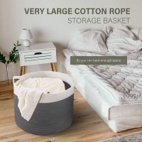 Large Cotton Rope Basket -Blanket Storage Basket, Woven Baby Laundry Basket With Built-In Handles For Blanket Storage, Nursery Basket Soft Storage Bins (White & Dark Grey, 22 X 22 X 14 Inch)