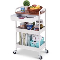 Toolf 3-Tier Utility Rolling Cart With Wooden Board & Drawer, Metal Storage Cart With Handle, White Trolley Kitchen Organizer Rolling Desk With Locking Wheels For Office, Classroom, Home, Bedroom
