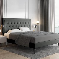 Allewie Full Size Button Tufted Platform Bed Frame/Fabric Upholstered Bed Frame With Adjustable Headboard/Wood Slat Support/Mattress Foundation/Dark Grey (Full)