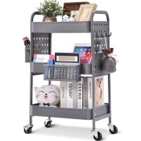 Toolf 3-Tier Storage Cart, Metal Utility Rolling Cart With Diy Pegboards, Art Craft Trolley With Baskets Hooks, Organizer Serving Cart Easy Assemble For Office, Home, Kitchen, Bathroom, Laundry, Grey