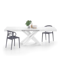 Mobili Fiver, Emma 63(94,5) X35,4 In Extendable Table, Concrete Effect, White With White Crossed Legs, For 6-10 People, Expandable Dining Table For Kitchen, Living Room, Italian Furniture