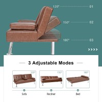POWERSTONE Leather Futon Sofa Bed Convertible Folding Couch for Living Room Sectional Sleeper Sofa for Small Space with Cup Holder and Removable Armrest Brown