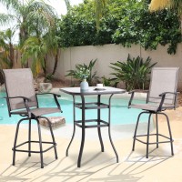 Vongrasig 3 Piece Patio Swivel Bar Set All Weather Mental Textilene High Swivel Stools Chair Set Of 2 And High Glass Bar Table