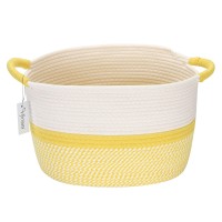 Hinwo Oval Cotton Rope Storage Basket Collapsible Nursery Storage Box Container Organizer With Handles, 13 X 10 Inches, Off White And Yellow