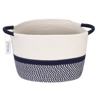 Hinwo Oval Cotton Rope Storage Basket Collapsible Nursery Storage Box Container Organizer With Handles, 13 X 10 Inches, Off White And Dark Blue
