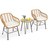 Tangkula 3 Pieces Patio Bistro Set, Rattan Conversation Set With 2 Cushioned Armchairs & Round Glass Coffee Table, Indoor Outdoor Wicker Furniture Set For Balcony, Backyard, Garden, Poolside