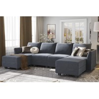 Honbay Modern U-Shaped Modular Sectional Sofa Sleeper Couch With Reversible Chaise Modular Sofa Couch With Storage Seats, Bluish Grey