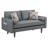 Mia Midcentury Modern Gray Linen Loveseat Couch With Usb Charging Ports Pillows