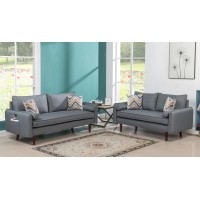 Mia Mid-Century Modern Gray Linen Sofa and Loveseat Living Room Set with USB Charging Ports & Pillows