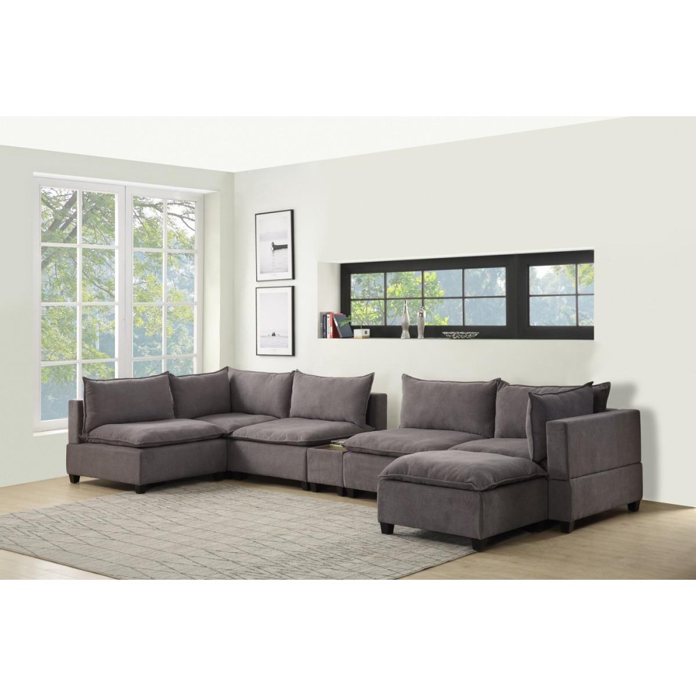 Madison Light Gray Fabric 7-Piece Modular Sectional Sofa Chaise with USB Storage Console Table