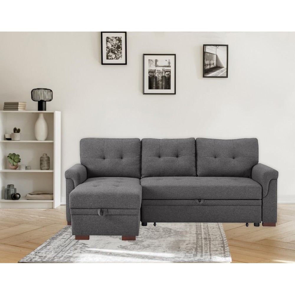 Sierra Dark Gray Linen Reversible Sleeper Sectional Sofa With Storage Chaise