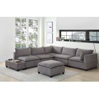 Madison Light Gray Fabric 7Pc Modular Sectional Sofa with Ottoman and USB Storage Console Table