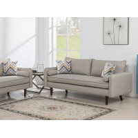 Mia Mid-Century Modern Beige Linen Sofa Couch with USB Charging Ports & Pillows