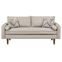 Mia Mid-Century Modern Beige Linen Sofa Couch with USB Charging Ports & Pillows