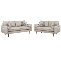 Mia Mid-Century Modern Beige Linen Sofa and Loveseat Living Room Set with USB Charging Ports & Pillows