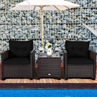 Tangkula 3 Pieces Patio Furniture Set, Pe Rattan Wicker 3 Pcs Outdoor Sofa Set W/Washable Cushion And Tempered Glass Tabletop, Conversation Furniture For Garden Poolside Balcony (Black)