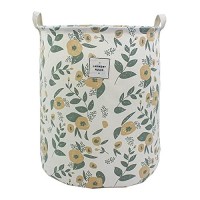 Mziart Collapsible Laundry Basket, Floral Printing Large Laundry Hamper For Baby Girls Kids Toys Clothes Organizer Foldable Storage Bin Waterproof Canvas Nursery Storage Basket With Handles (Green)