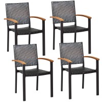 Tangkula 4 Pieces Stackable Patio Rattan Chair, Outdoor Pe Wicker Dining Armchair W/Galvanized Steel Frame, Acacia-Topped Armrests, Indoor & Outdoor Wicker Chair For Patio Table, Yard (2, Mix Brown)