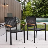 Tangkula 2 Pieces Stackable Patio Rattan Chair, Outdoor Pe Wicker Dining Armchair W/Galvanized Steel Frame, Acacia-Topped Armrests, Indoor & Outdoor Wicker Chair For Patio Table, Yard (1, Mix Brown)