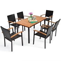 Tangkula 7 Pieces Patio Dining Set, Outdoor Steel Frame Dining Furniture W/Acacia Top Table & Rattan Chairs, Modern Conversation Set Umbrella Hole For Backyard Garden Poolside