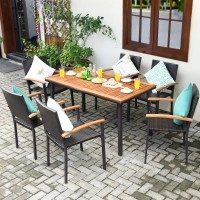 Tangkula 7 Pieces Patio Dining Set, Outdoor Steel Frame Dining Furniture W/Acacia Top Table & Rattan Chairs, Modern Conversation Set Umbrella Hole For Backyard Garden Poolside