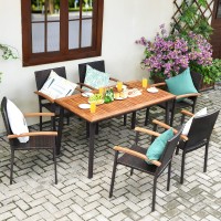 Tangkula 7 Pieces Patio Dining Set, Outdoor Steel Frame Dining Furniture W/Acacia Top Table & Rattan Chairs, Modern Conversation Set Umbrella Hole For Backyard Garden Poolside