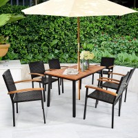 Tangkula 7 Pieces Patio Dining Set, Outdoor Steel Frame Dining Furniture W/Acacia Top Table & Rattan Chairs, Modern Conversation Set Umbrella Hole For Backyard Garden Poolside