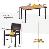 Tangkula 7 Pieces Patio Dining Set, Outdoor Steel Frame Dining Furniture W/Acacia Top Table & Rattan Chairs, Modern Conversation Set Umbrella Hole For Backyard Garden Poolside