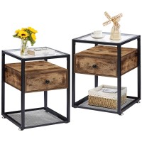 Vecelo End Table, Modern Nightstand With Drawer, Night Stand Set Of 2 For Bedroom Living Room,Tempered Glass, 2 Pack, Brown