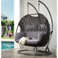 Vasant Gray Fabric/Wicker Patio Swing Loveseat With Stand By Acme