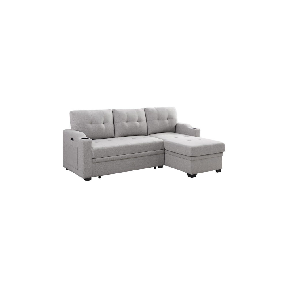 Lilola Home Mabel Light Gray Linen Fabric Sleeper Sectional With Cupholder Usb Charging Port And Pocket