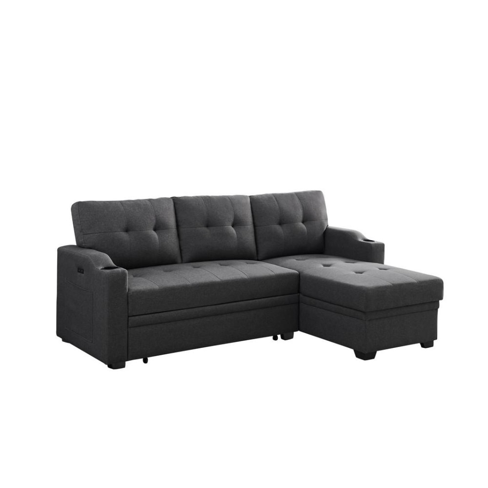 Mabel Dark Gray Linen Fabric Sleeper Sectional With Cupholder Usb Charging Port And Pocket