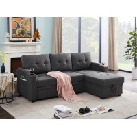 Mabel Dark Gray Linen Fabric Sleeper Sectional With Cupholder Usb Charging Port And Pocket