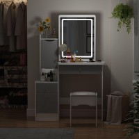 Famapy Vanity Desk With Mirror And Lights, Vanity Makeup Desk With Sliding Lighted Mirror, Vanity Mirror Makeup Desk With Cushion Stool, Drawers And Shelves, White And Grey