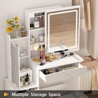 Famapy Vanity Desk With Mirror And Lights, Vanity Makeup Desk With Sliding Lighted Mirror, Vanity Mirror Makeup Desk With Cushion Stool, Drawers And Shelves, White And Grey