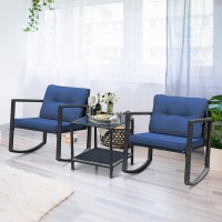 Tangkula 3 Pieces Patio Wicker Rocking Bistro Set, Outdoor Rocking Chair Furniture Set W/Cushioned Seat, Conversation Set W/Glass Coffee Table And Storage Shelf (Navy Blue)