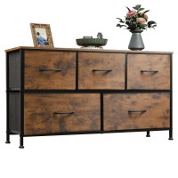 Wlive Dresser For Bedroom With 5 Drawers, Wide Chest Of Drawers, Fabric Storage Organizer Unit With Fabric Bins For Closet, Living Room, Hallway, Nursery, Rustic Brown Wood Grain Print
