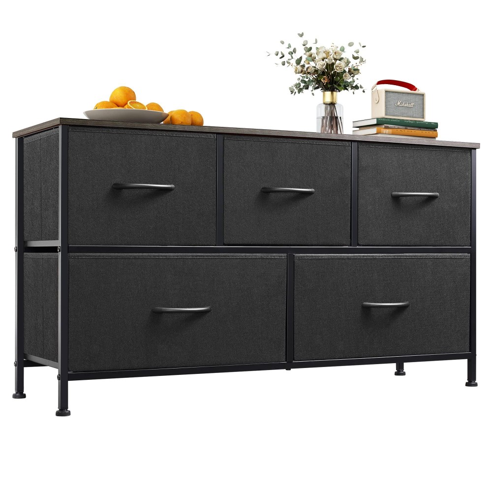 Wlive Dresser For Bedroom With 5 Drawers, Wide Chest Of Drawers, Fabric Dresser, Storage Organizer Unit With Fabric Bins For Closet, Living Room, Hallway, Nursery, Charcoal Black