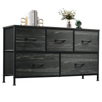 Wlive Dresser For Bedroom With 5 Drawers, Wide Chest Of Storage Organizer Unit With Fabric Bins For Closet, Living Room, Hallway, Nursery, Charcoal Black Wood Grain Print