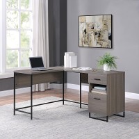 OS Home and Office Furniture Model HGN781FK L Workcenter with Built In Power Hub and Two Drawers in Farm Oak