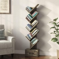 Rolanstar Bookshelf With Wooden Drawer, 9 Shelf Tree Bookshelf, Modern Book Storage, Free Standing Tree Bookcase, Utility Organizer Shelves For Home Office, Living Room, Bedroom, Grey