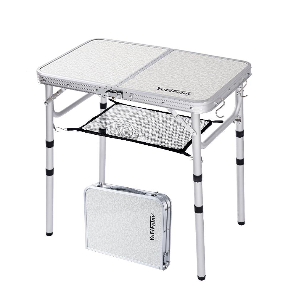Yufifairy Small Folding Camping Table With Mesh Layer 3 Heights 2 Foot, Aluminum Lightweight Portable Folding Table With Adjustable Legs, Great For Rv, Car Camping And Outdoor Cooking Picnic