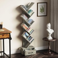 Rolanstar Bookshelf with Wooden Drawer, 9 Shelf Tree Bookshelf, Modern Book Storage, Free Standing Tree Bookcase, Utility Organizer Shelves for Home Office, Living Room, Bedroom, Light Grey