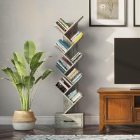 Rolanstar Bookshelf with Wooden Drawer, 9 Shelf Tree Bookshelf, Modern Book Storage, Free Standing Tree Bookcase, Utility Organizer Shelves for Home Office, Living Room, Bedroom, Light Grey