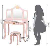 HONEY JOY Kids Vanity, Crown Themed Toddler Dressing Makeup Table and Chair Set w/Drawer & Tri-Folding Mirror, Detachable Mirror, Princess Pretend Play Girls Vanity Set with Mirror and Stool(Pink)