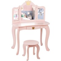 Kotek Kids Vanity Set W/Tri-Folding Mirror, Princess Makeup Dressing Table W/Detachable Top & Drawer, 2-In-1 Vanity Table And Chair Set, Crown Pretend Beauty Play Vanity For Girls (Pink)