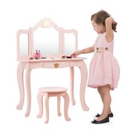 Kotek Kids Vanity Set W/Tri-Folding Mirror, Princess Makeup Dressing Table W/Detachable Top & Drawer, 2-In-1 Vanity Table And Chair Set, Crown Pretend Beauty Play Vanity For Girls (Pink)